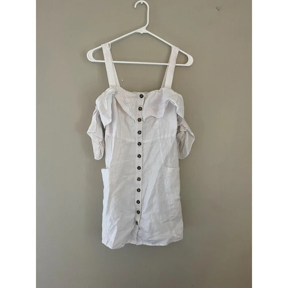 Forever 21 Womens White Mini Dress Small Linen Button 90s Y2K Baby Shower Party - Picture 4 of 9